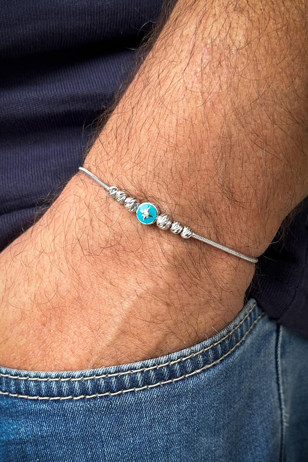 NVM FRNCH 925 Sterling Silver Italian Model Turquoise Color Men's Bracelet FRJ12329-3329-MA - Tomatlán