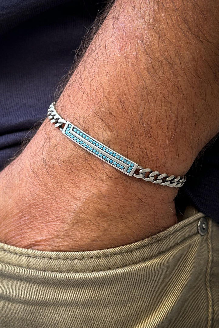 NVM FRNCH 925 Sterling Silver Italian Model Turquoise Color Zircon Stone Silver Color Men's Bracelet FRJ12320-3320-M - Odessa