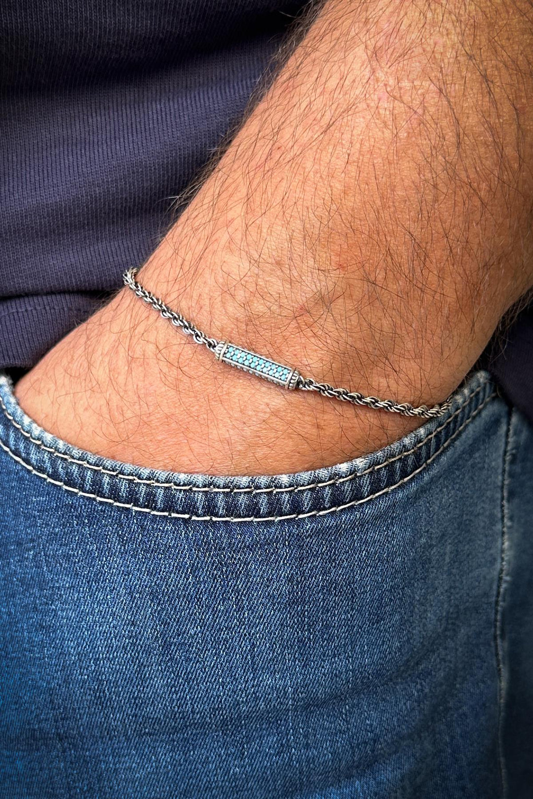 NVM FRNCH 925 Sterling Silver Italian Model Turquoise Zircon Stone Silver Color Men's Bracelet FRJ12253-3253-M - Alhaurín de la Torre