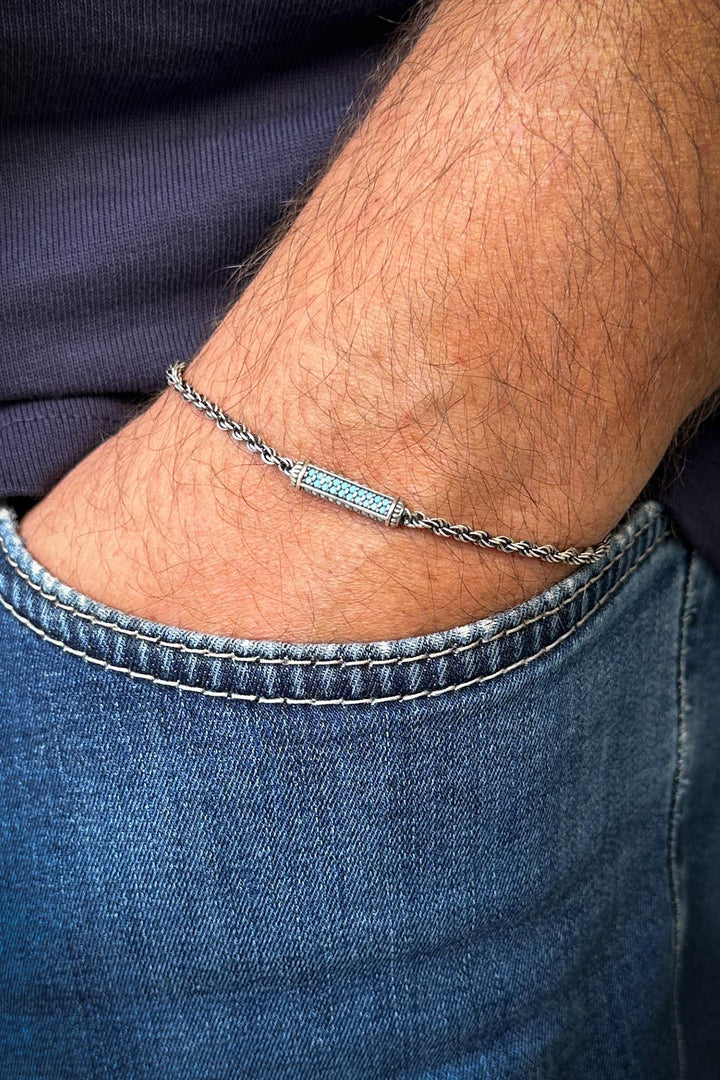 NVM FRNCH 925 Sterling Silver Italian Model Turquoise Zircon Stone Silver Color Men's Bracelet FRJ12253-3253-M - Alhaurín de la Torre
