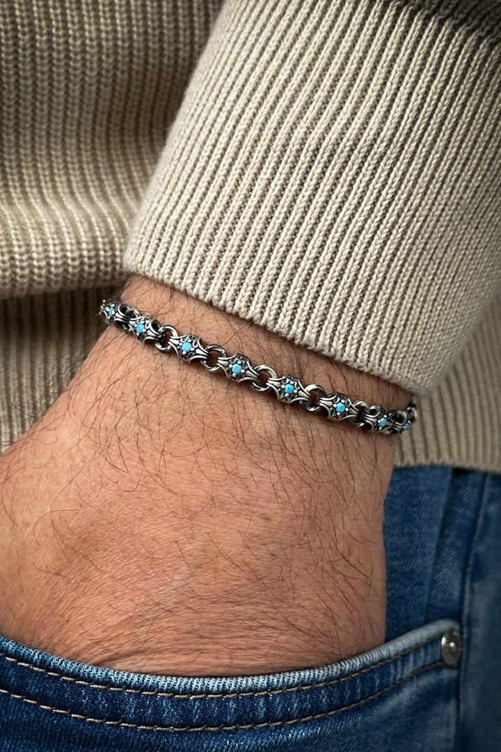 NVM FRNCH 925 Sterling Silver Italian Model Turquoise Zircon Stone Silver Color Men's Bracelet FRJ12414-3414-M - Grasse
