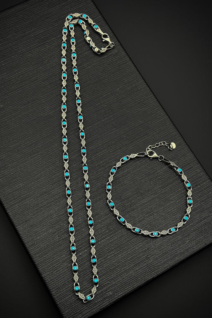NVM FRNCH 925 Sterling Silver Italian Model Turquoise Zircon Stone Silver Color Men's Bracelet/Necklace Set FRJ12328-3328-MA - Winter Garden