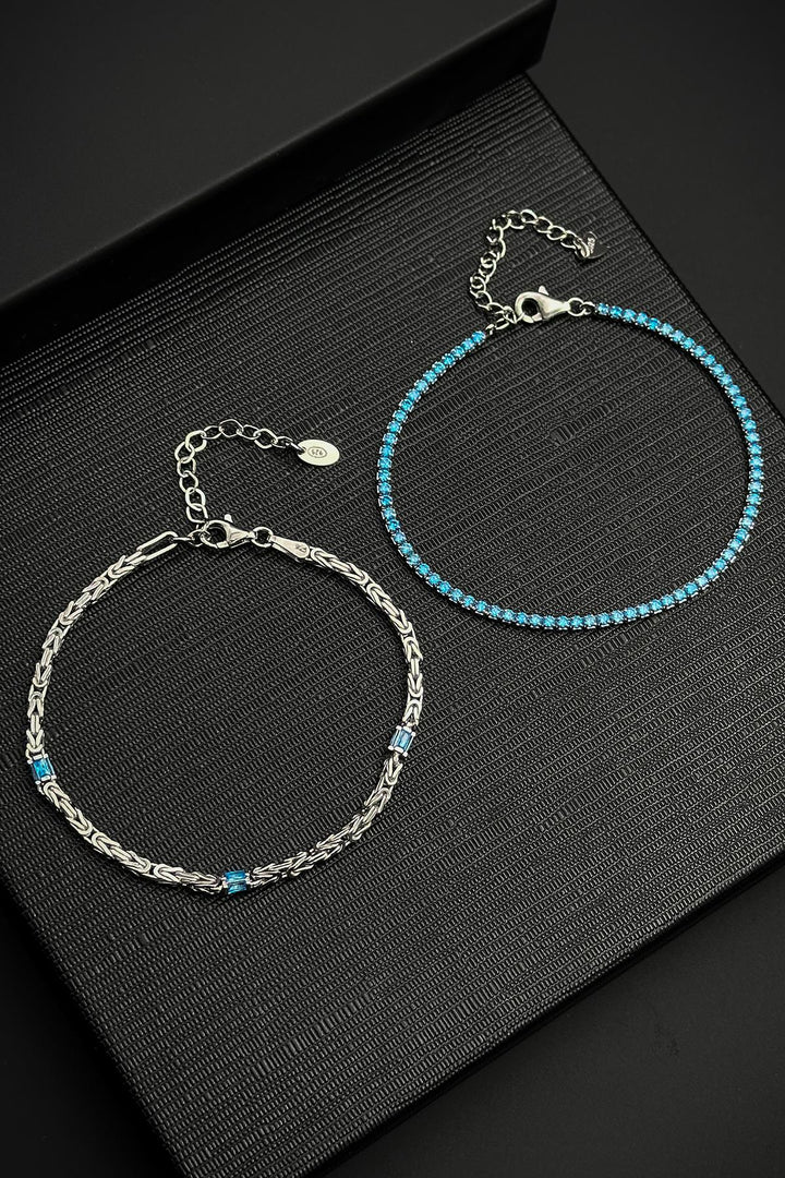 NVM FRNCH 925 Sterling Silver Italian Model Turquoise Zircon Stone Silver Color Men's Bracelet Set FRJ12359-3359-M - Weymouth
