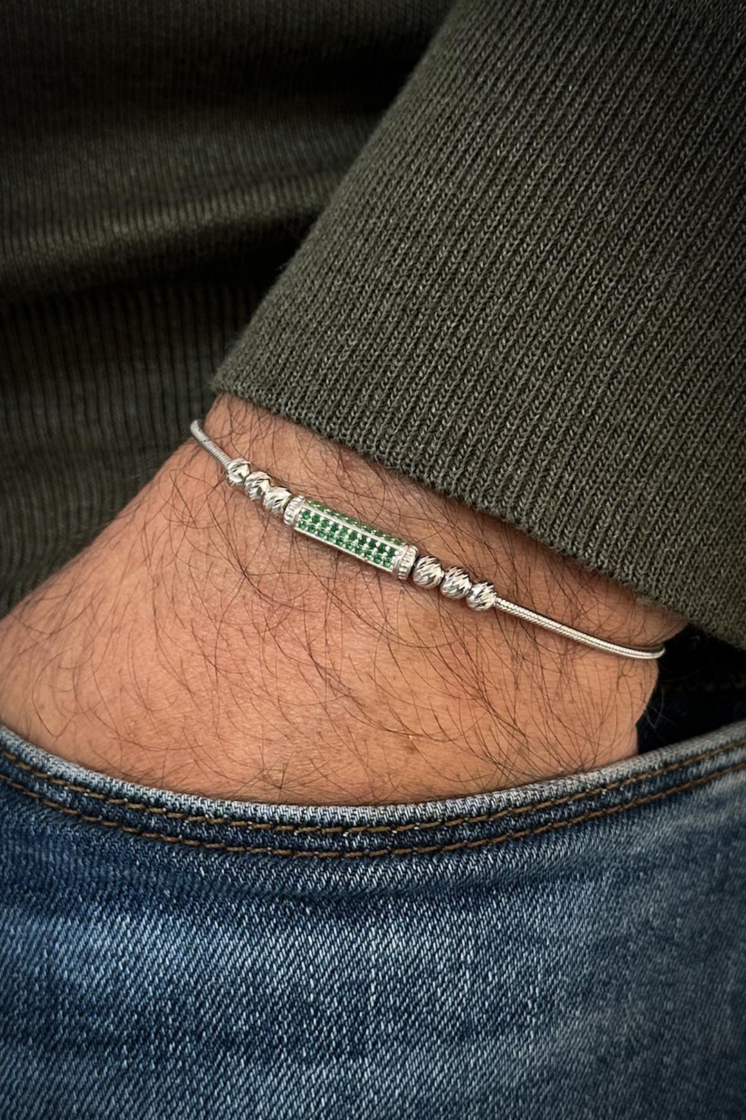 NVM FRNCH 925 Sterling Silver Italian Model Green Zircon Stone Silver Color Men's Bracelet FRJ12356-3356-Y - Kendall