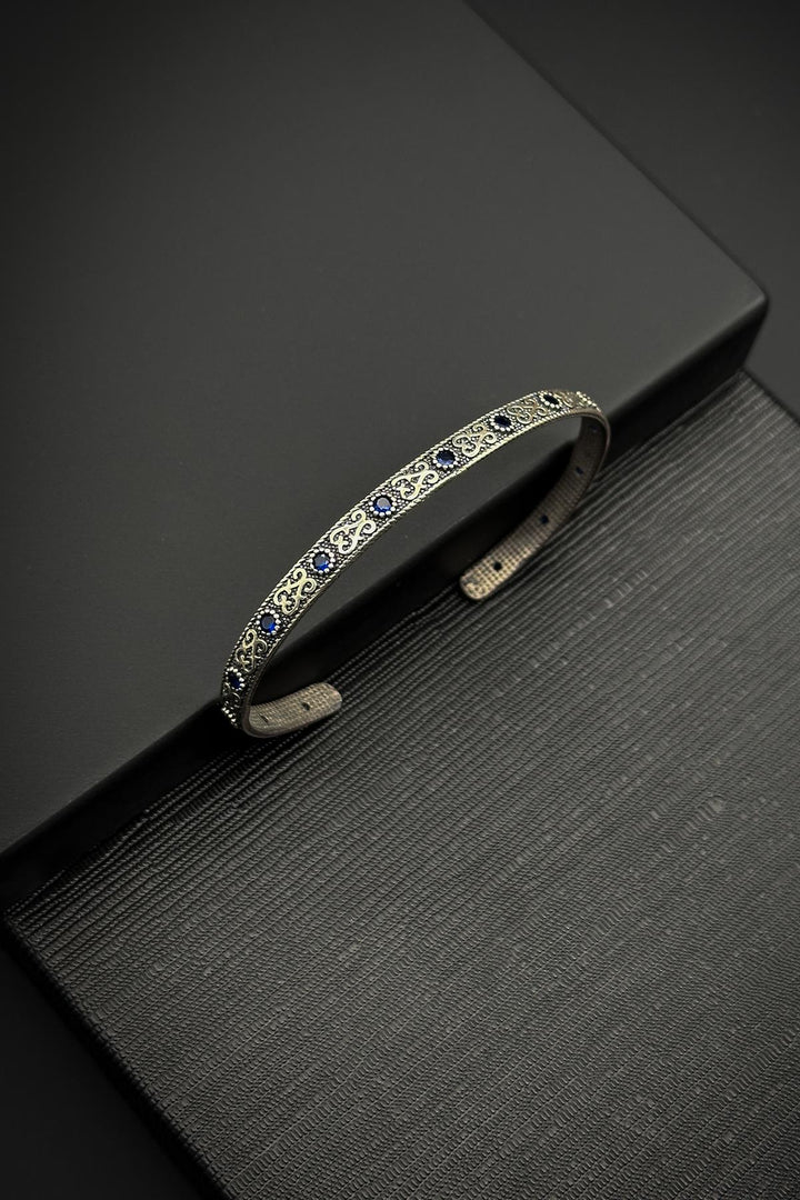 NVM FRNCH 925 Sterling Silver Italian Model Blue Zircon Stone Men's Cuff Bracelet FRJ12011-3011-L - Vercelli