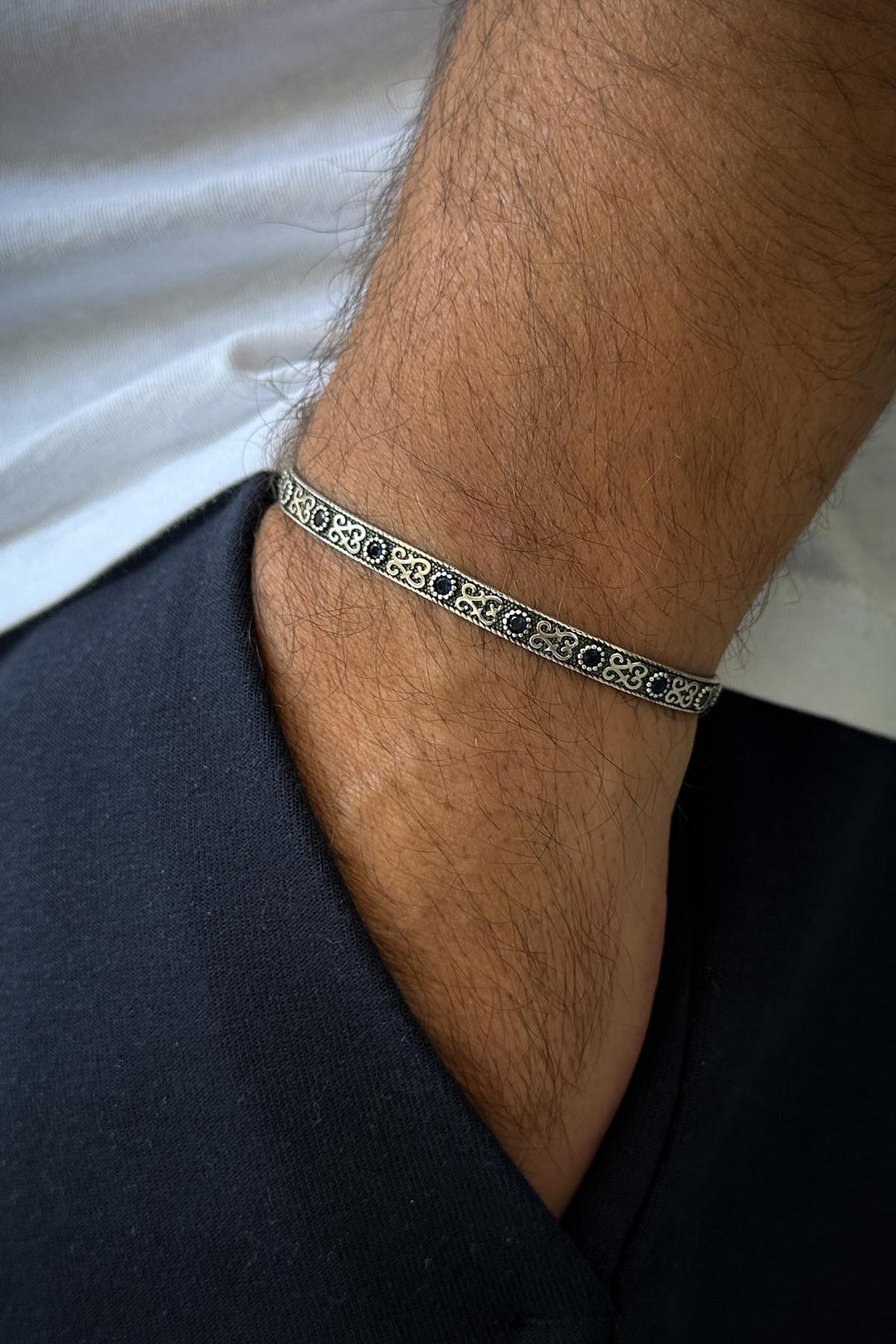 NVM FRNCH 925 Sterling Silver Italian Model Blue Zircon Stone Men's Cuff Bracelet FRJ12011-3011-L - Vercelli