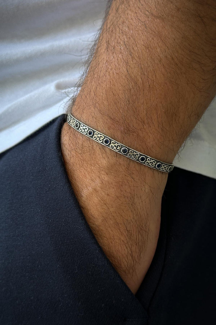 NVM FRNCH 925 Sterling Silver Italian Model Blue Zircon Stone Men's Cuff Bracelet FRJ12011-3011-L - Vercelli