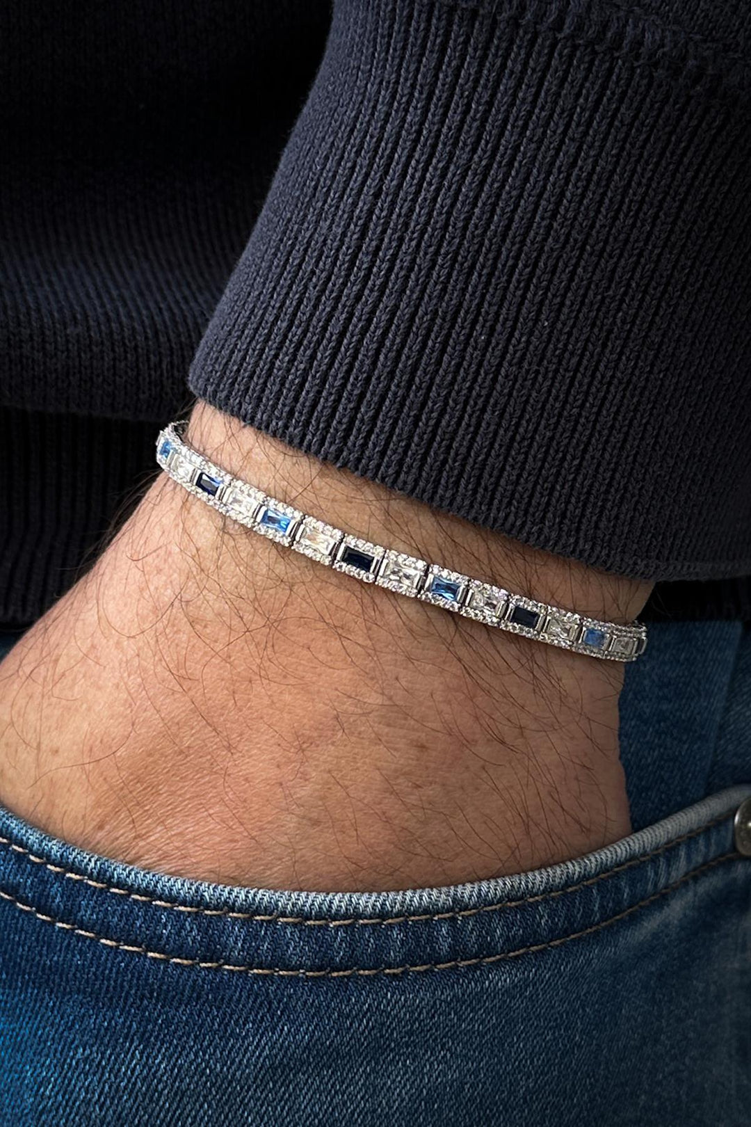NVM FRNCH 925 Sterling Silver Italian Model Bracelet with Zircon Stone in Navy Blue Color for Men FRJ12181-3181-LMA - Cascina