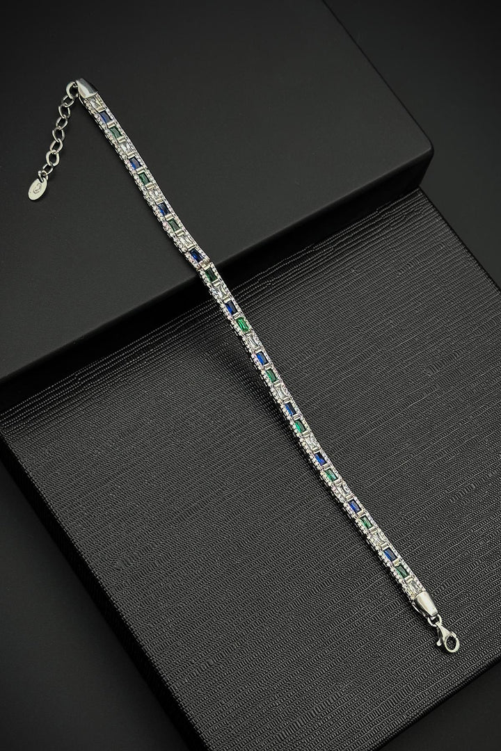 NVM FRNCH 925 Sterling Silver Italian Model Bracelet with Zircon Stone in Navy-Green Color for Men FRJ12181-3181-YLA - Lisbon