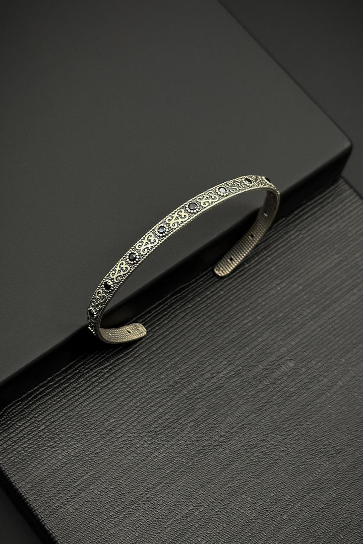 NVM FRNCH 925 Sterling Silver Italian Model Black Men's Cuff Bracelet with Zircon Stone FRJ12011-3011-S - Rialto