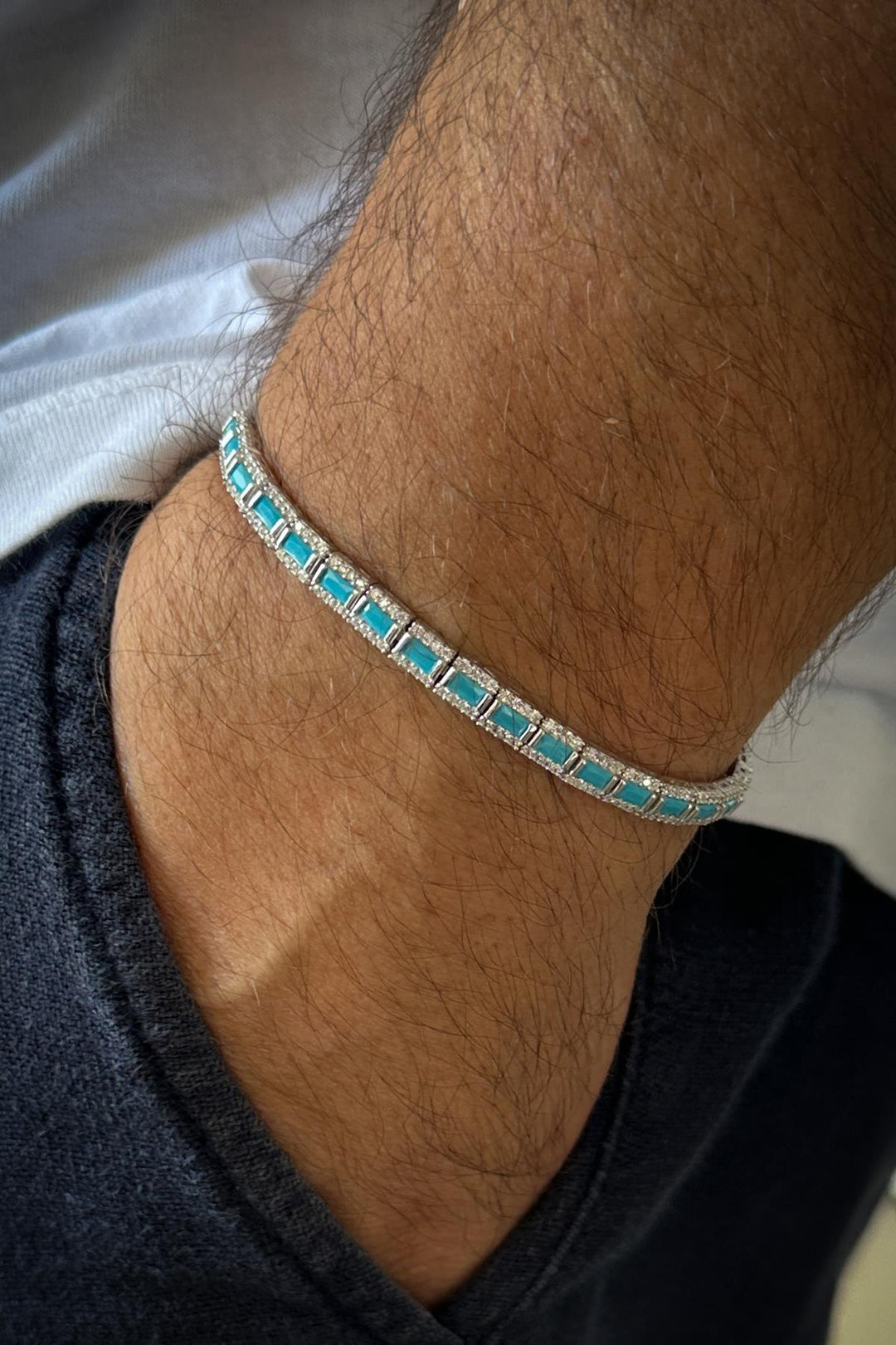 NVM FRNCH 925 Sterling Silver Italian Model Zircon Stone Turquoise Color Men's Bracelet FRJ12181-3181-MA - Freising