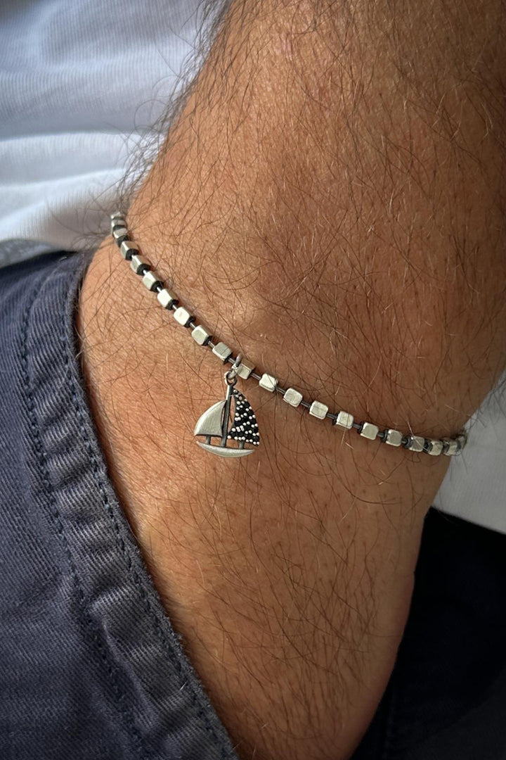 NVM FRNCH 925 Sterling Silver Italian Model Zircon Stone Sailboat Figured Silver Color Men's Bracelet FRJ12314-3314-A - Security-Widefield