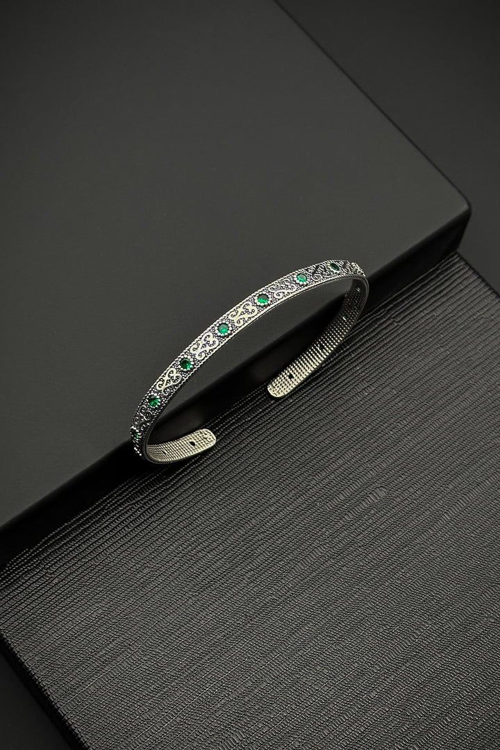 NVM FRNCH 925 Sterling Silver Italian Model Green Zircon Stone Men's Cuff Bracelet FRJ12011-3011-Y - Santa Ana Chiautempan