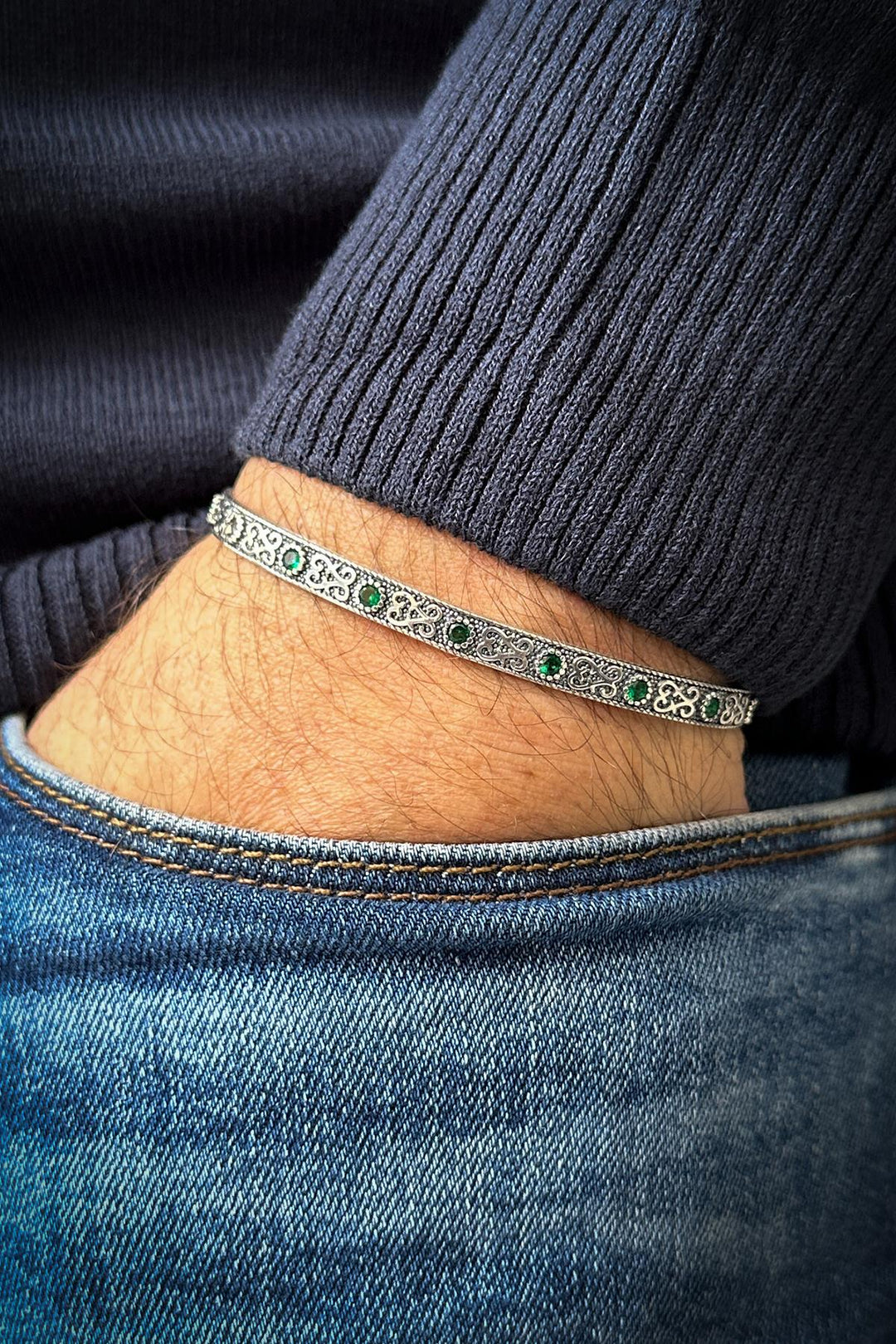 NVM FRNCH 925 Sterling Silver Italian Model Green Zircon Stone Men's Cuff Bracelet FRJ12011-3011-Y - Santa Ana Chiautempan
