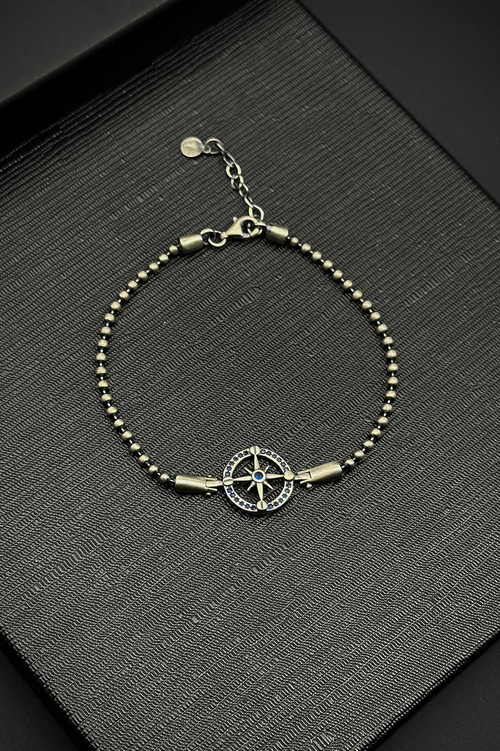 NVM FRNCH 925 Sterling Silver Compass Figure Navy Blue Zircon Stone Silver Color Men's Bracelet FRJ12217-3217-AL2 - Terre Haute