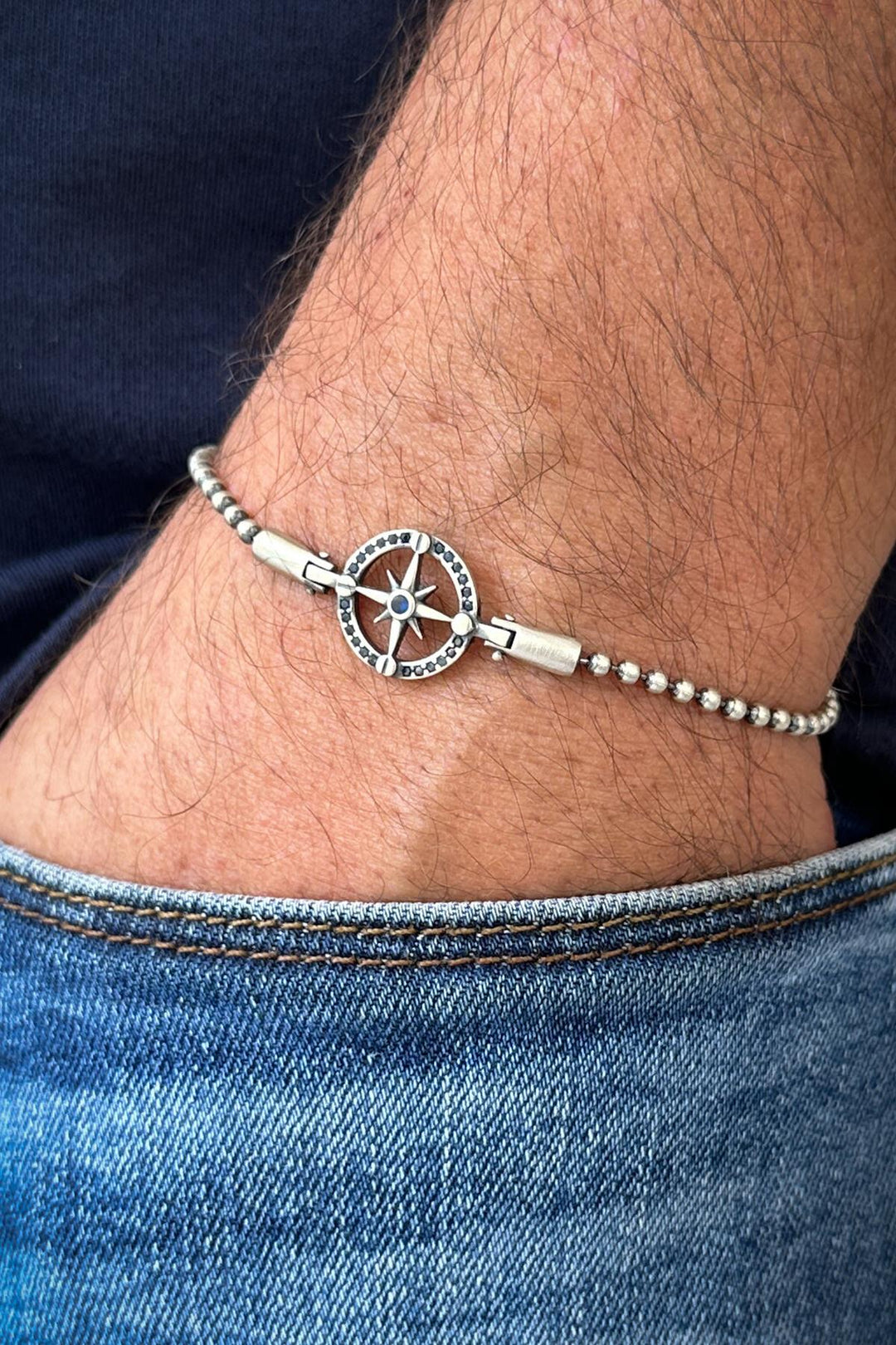 NVM FRNCH 925 Sterling Silver Compass Figure Navy Blue Zircon Stone Silver Color Men's Bracelet FRJ12217-3217-AL2 - Terre Haute