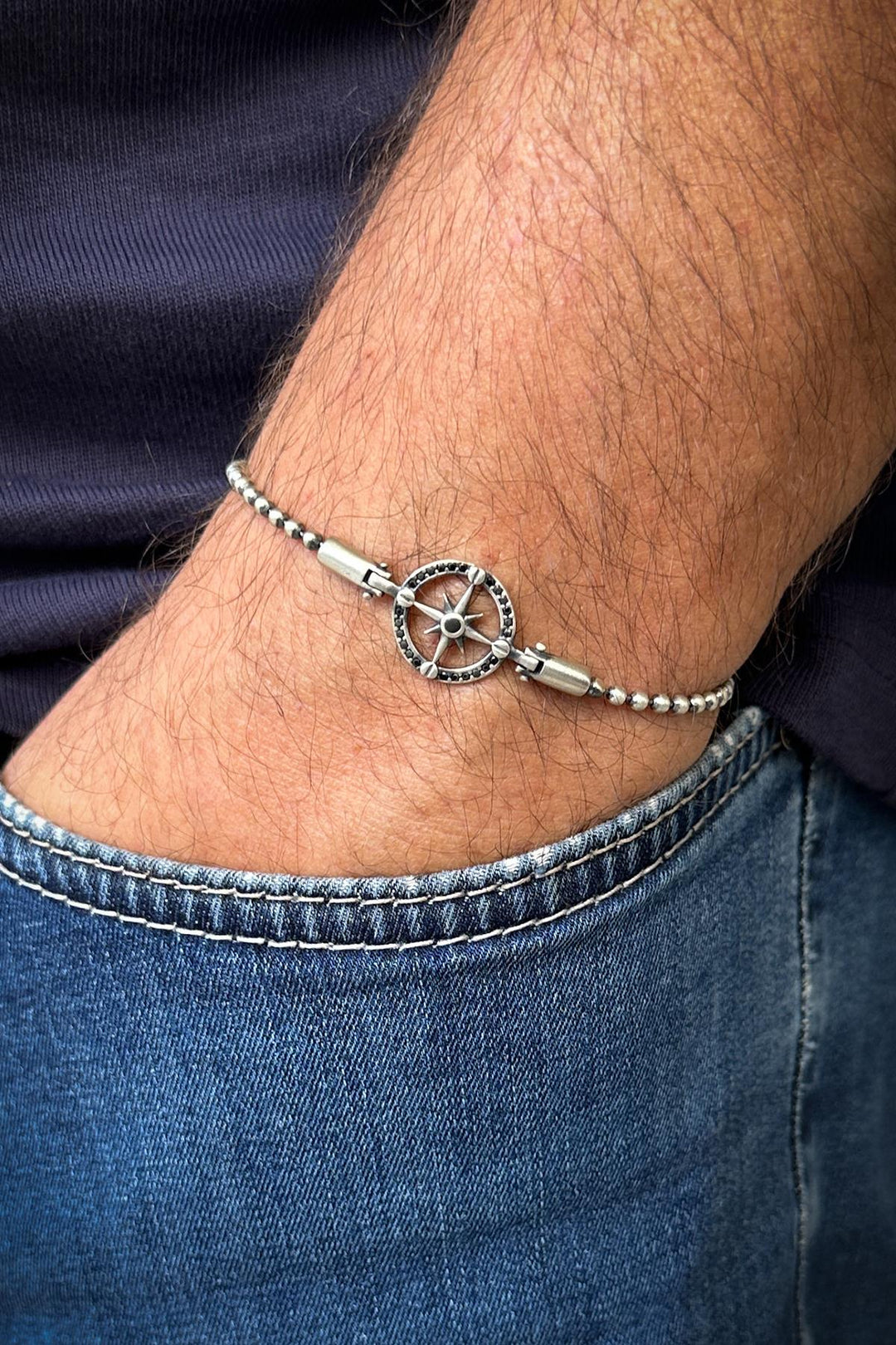 NVM FRNCH 925 Sterling Silver Compass Figured Black Zircon Stone Silver Color Men's Bracelet FRJ12217-3217-S2 - Bologna