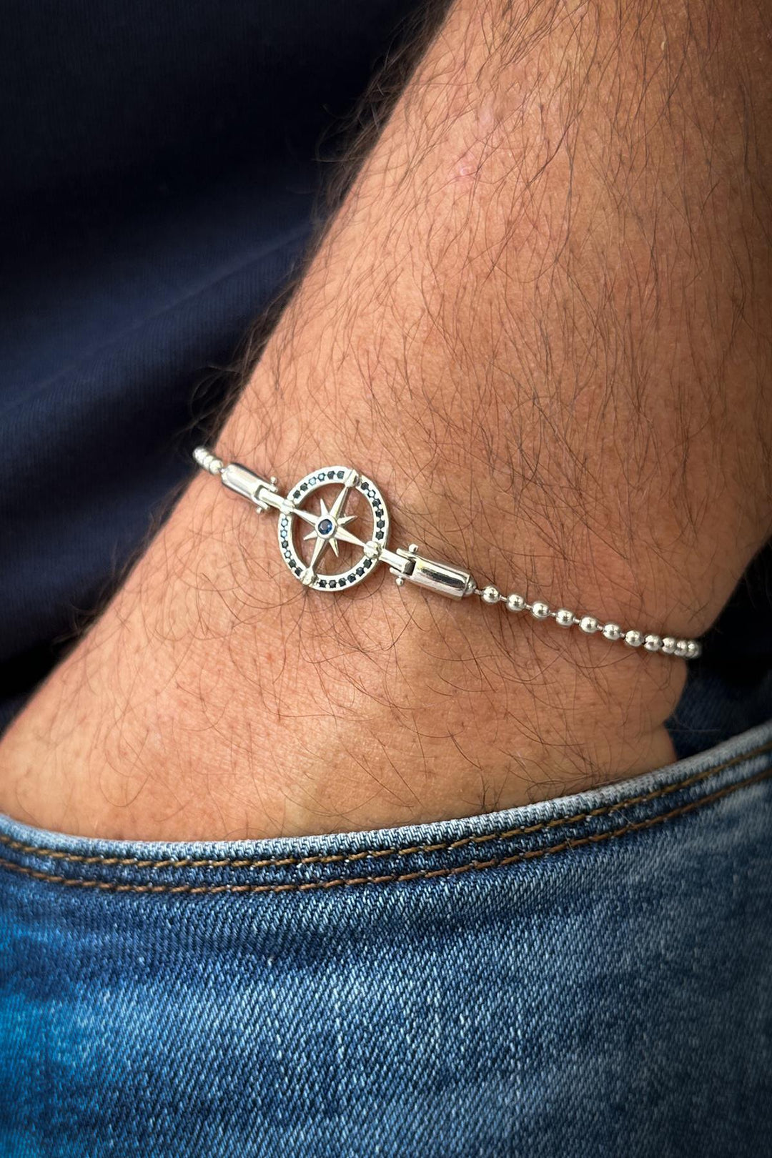 NVM FRNCH 925 Sterling Silver Compass Figure Zircon Stone Silver Color Men's Bracelet FRJ12217-3217-AL - Auburn