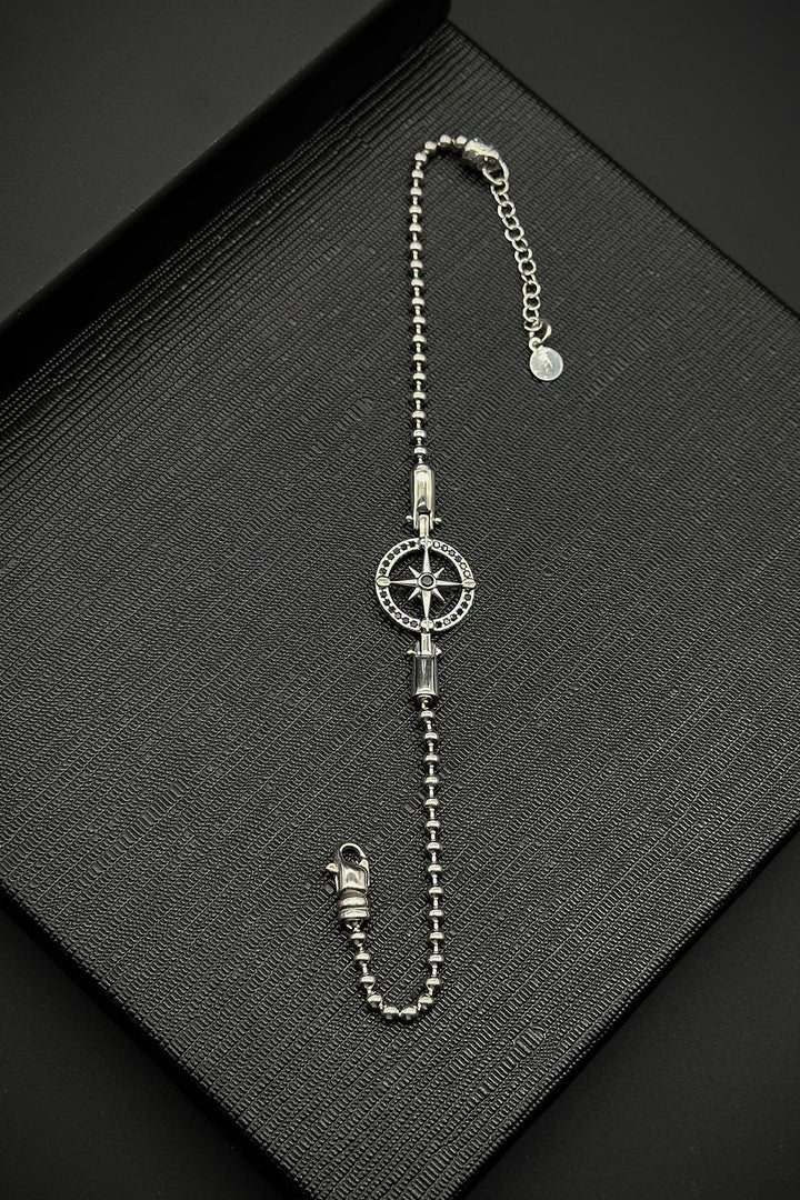 NVM FRNCH 925 Sterling Silver Compass Figure Zircon Stone Black Color Men's Bracelet FRJ12217-3217-AB2 - Guasave