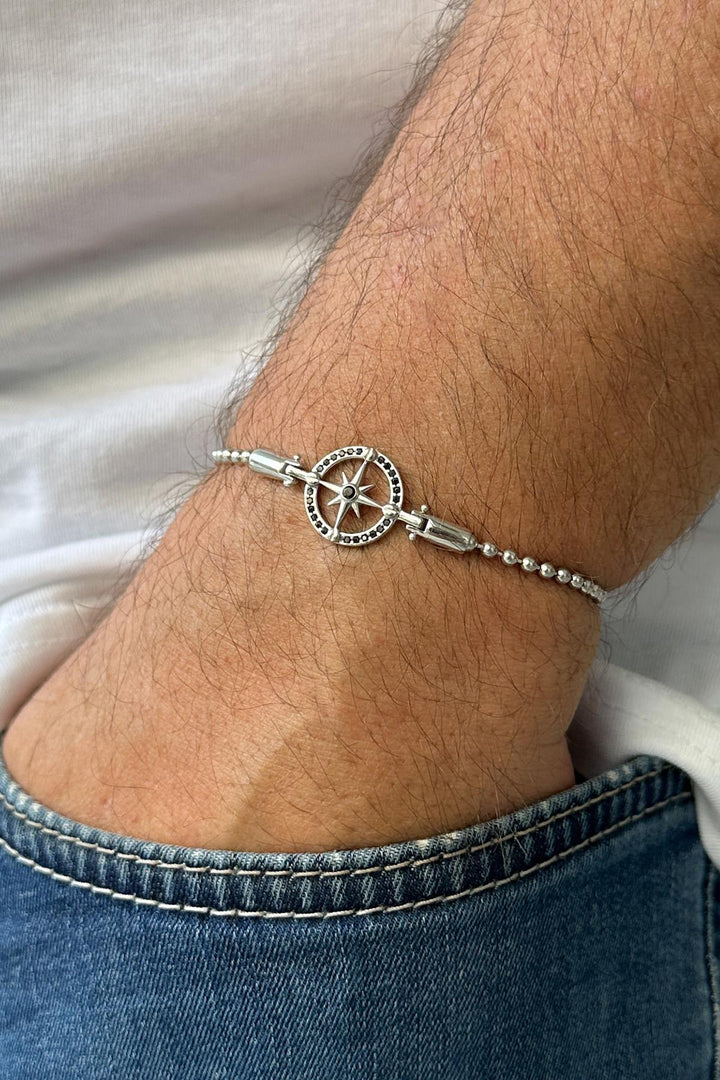 NVM FRNCH 925 Sterling Silver Compass Figure Zircon Stone Black Color Men's Bracelet FRJ12217-3217-AB2 - Guasave