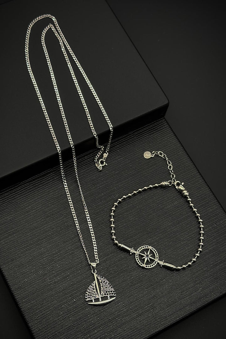 NVM FRNCH 925 Sterling Silver Compass and Sailboat Figured Black Zircon Stone Men's Bracelet/Necklace Set FRJ12340-3340-S - Marietta