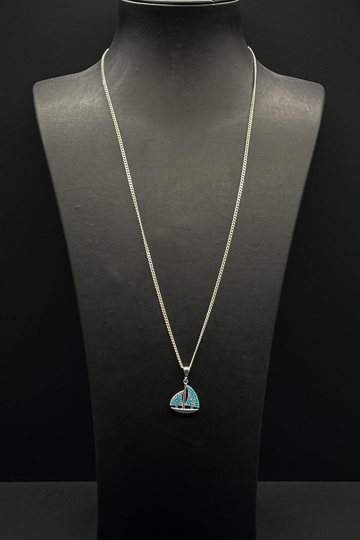 NVM FRNCH 925 Sterling Silver Compass and Sailboat Figured Turquoise Zircon Stone Men's Bracelet/Necklace Set FRJ12340-3340-M - Billerica