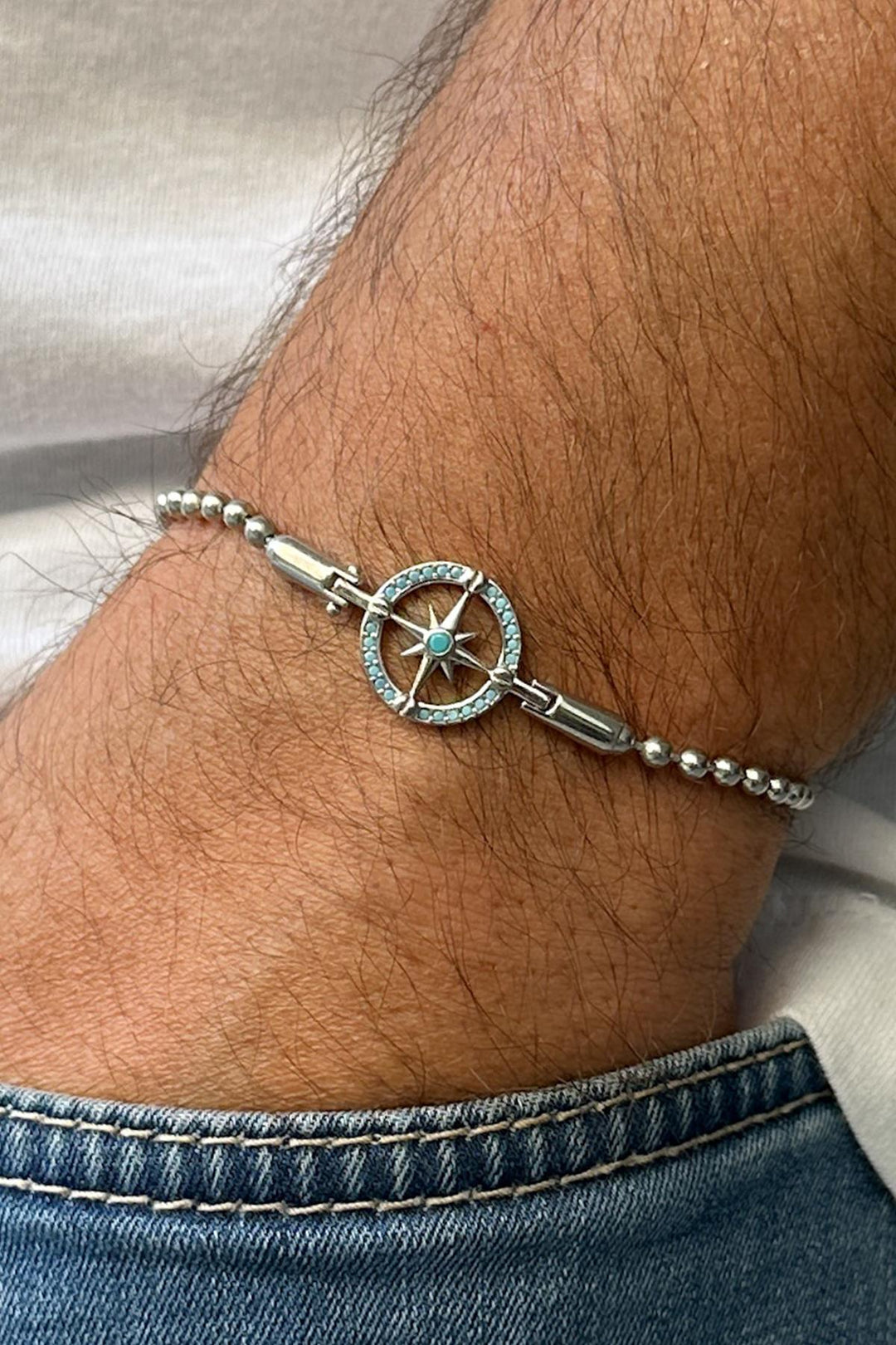 NVM FRNCH 925 Sterling Silver Compass and Sailboat Figured Turquoise Zircon Stone Men's Bracelet/Necklace Set FRJ12340-3340-M - Billerica