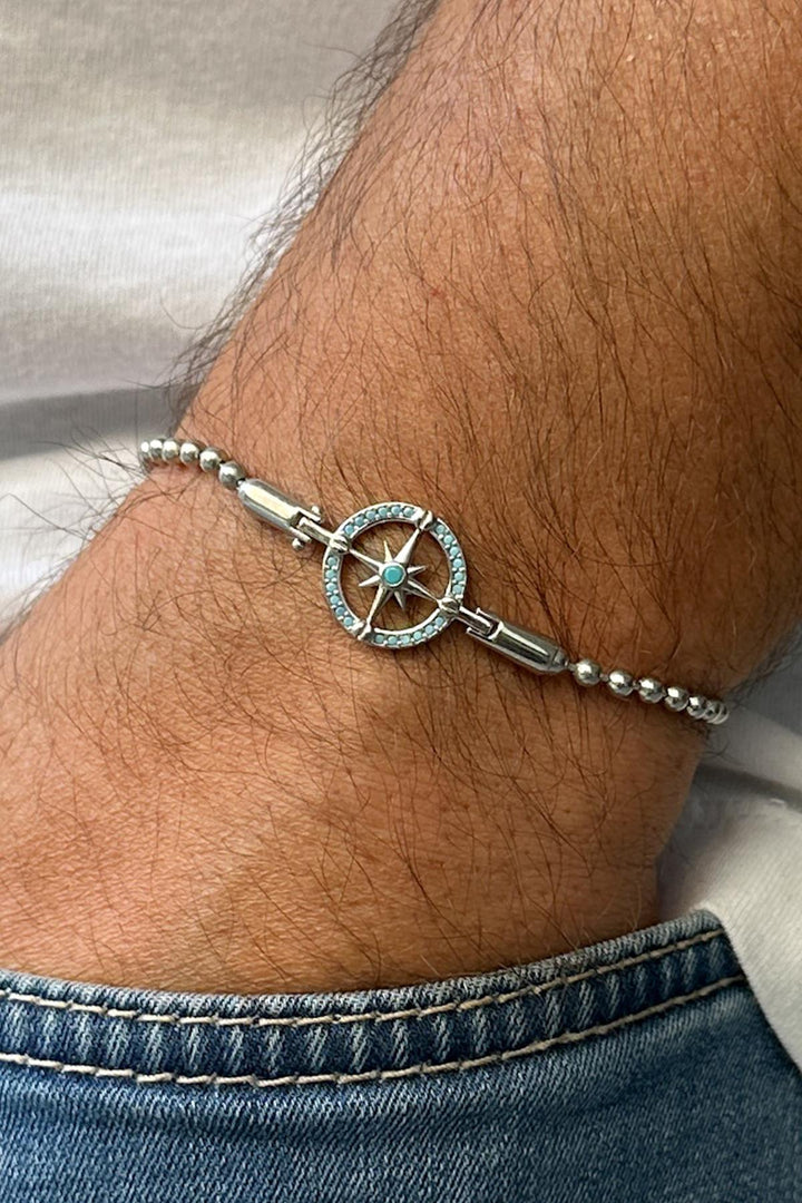 NVM FRNCH 925 Sterling Silver Compass and Sailboat Figured Turquoise Zircon Stone Men's Bracelet/Necklace Set FRJ12340-3340-M - Billerica