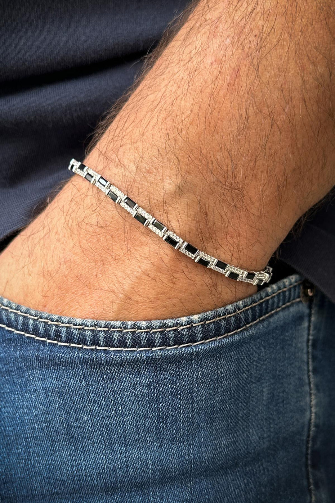 NVM FRNCH 925 Sterling Silver Black-White Zircon Stone Tennis Men's Bracelet FRJ12223-3223-AB2 - Taylorsville