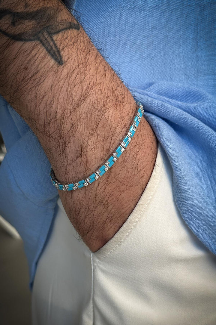 NVM FRNCH 925 Sterling Silver Turquoise Colored Zircon Stone Tennis Men's Bracelet FRJ11908-2008-M - Sevilla