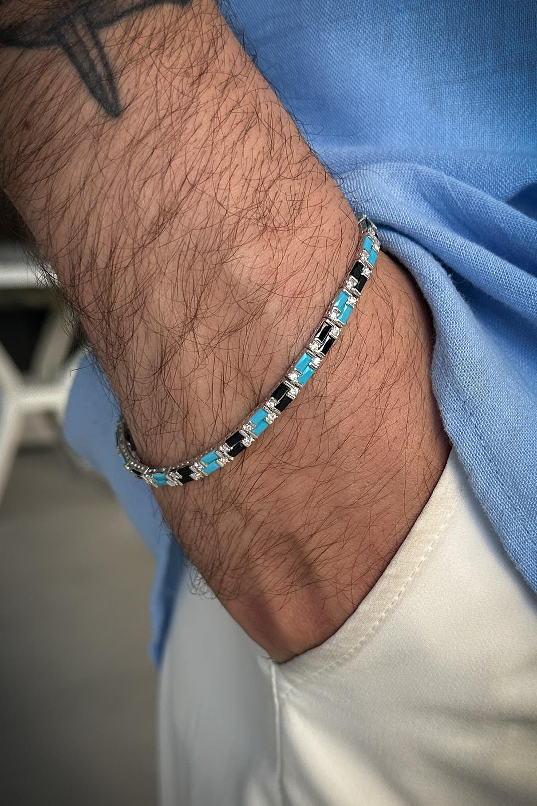 NVM FRNCH 925 Sterling Silver Turquoise-Black Color Zircon Stone Tennis Men's Bracelet FRJ11908-2008-SM - Kirchheim unter Teck