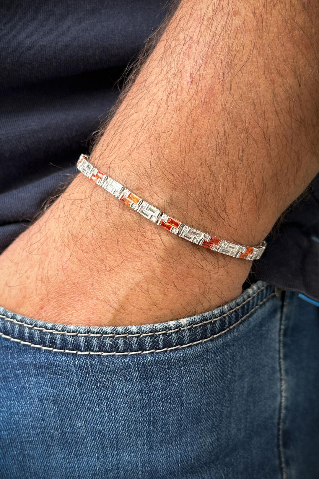 NVM FRNCH 925 Sterling Silver Orange-White Colored Zircon Stone Tennis Men's Bracelet FRJ11908-2008-AT - Burnsville