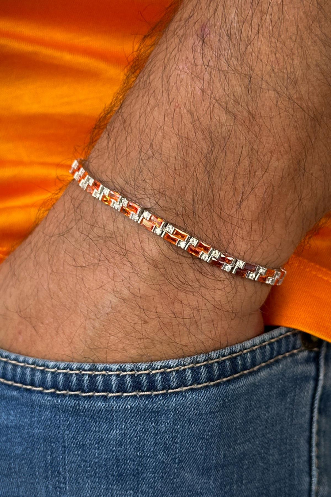 NVM FRNCH 925 Sterling Silver Orange-White Zircon Stone Tennis Men's Bracelet FRJ11908-2008-AT2 - Troy