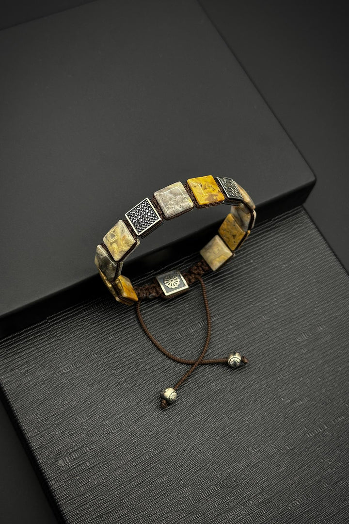NVM FRNCH 925 Sterling Silver and African Jasper Natural Stone with Zircon Brown Color Men's Bracelet FRJ12333-3333-K3 - Pabellón de Arteaga