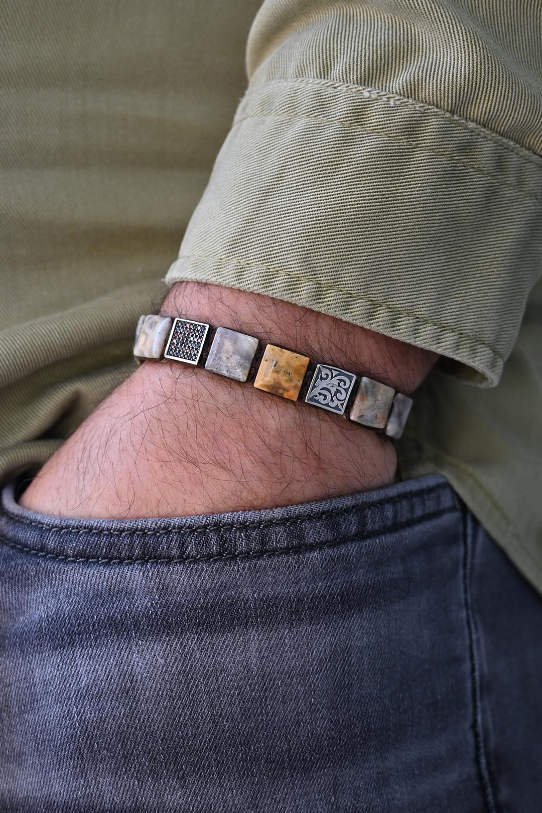 NVM FRNCH 925 Sterling Silver and African Jasper Natural Stone with Zircon Brown Color Men's Bracelet FRJ12333-3333-K3 - Pabellón de Arteaga