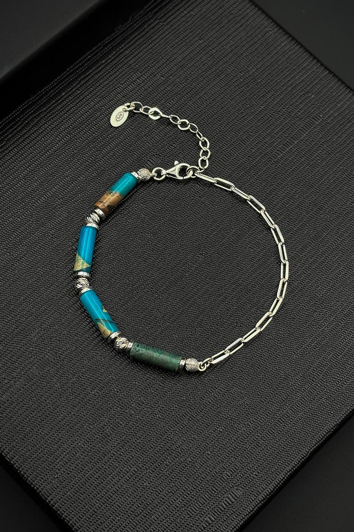 NVM FRNCH 925 Sterling Silver and African Turquoise Natural Stone Blue Color Men's Bracelet FRJ12410-3410-M3 - Davie