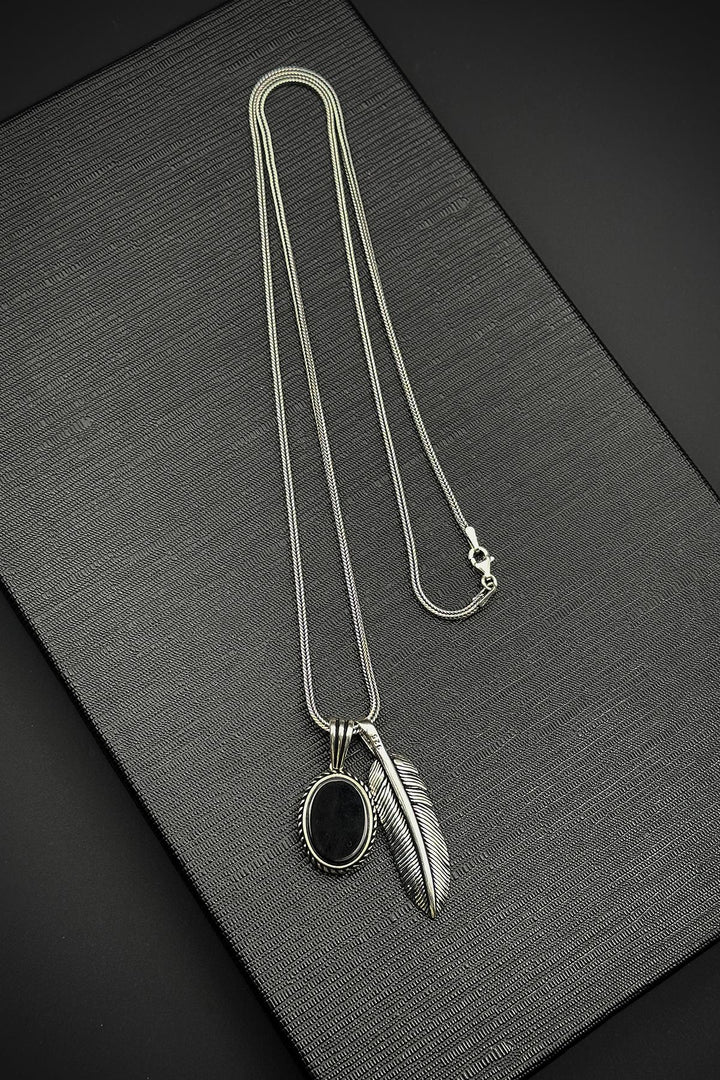 NVM FRNCH 925 Sterling Silver and Agate Natural Stone Feather Figured Men's Necklace FRJ30684-784-S - Margate
