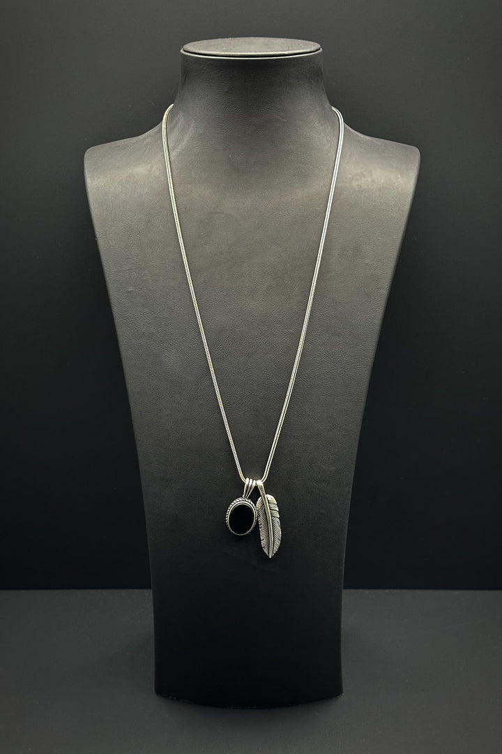 NVM FRNCH 925 Sterling Silver and Agate Natural Stone Feather Figured Men's Necklace FRJ30684-784-S - Margate