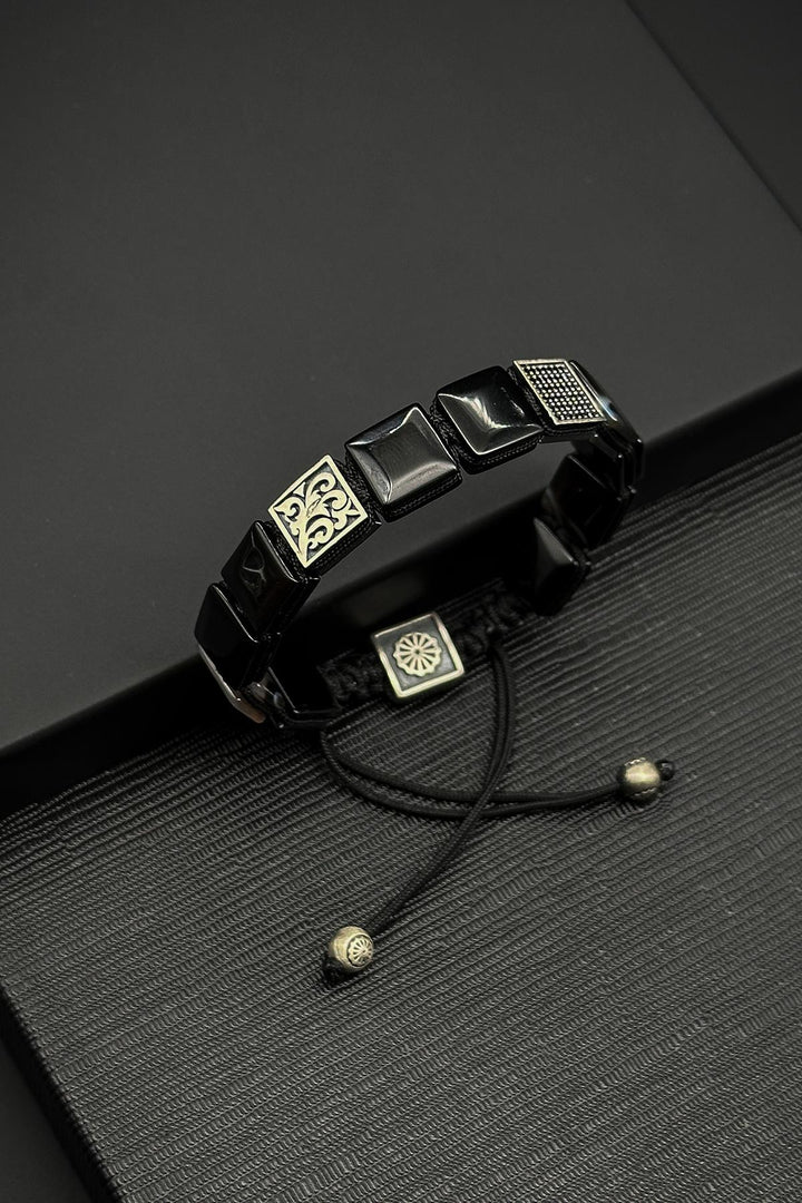 NVM FRNCH 925 Sterling Silver and Agate Natural Stone with Zircon Pieces Black Color Men's Bracelet FRJ12333-3333-S - Orangevale