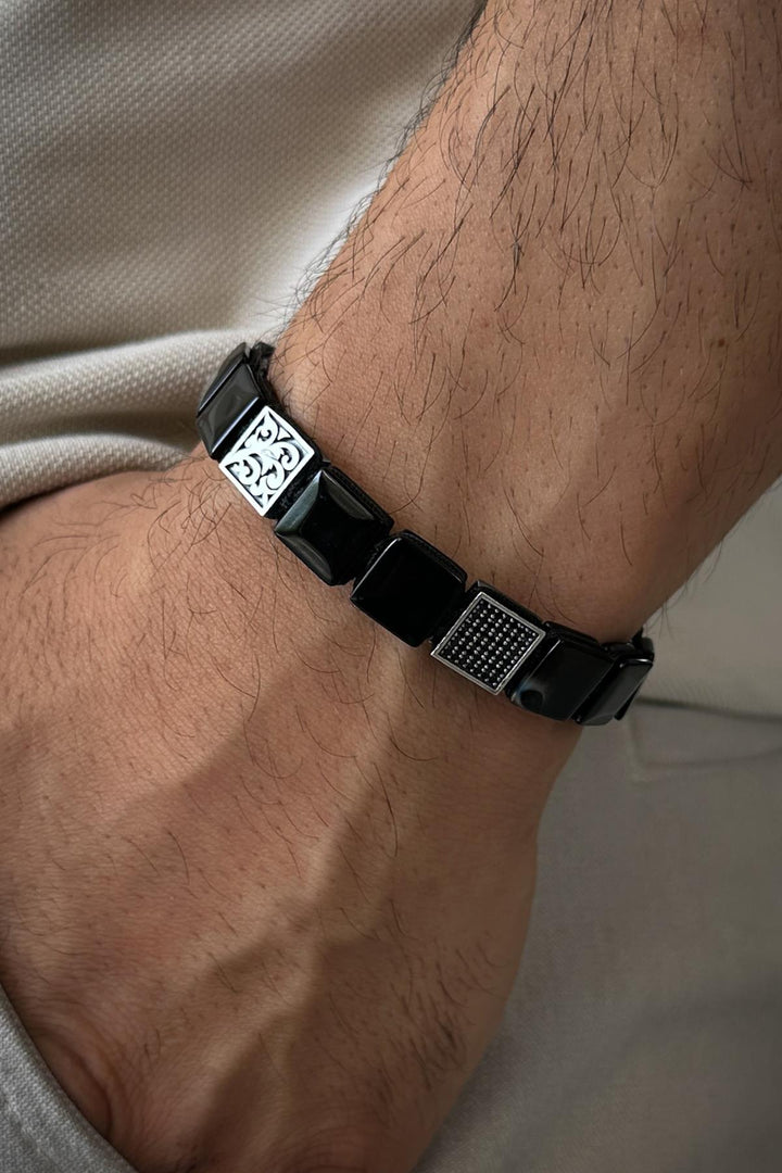 NVM FRNCH 925 Sterling Silver and Agate Natural Stone with Zircon Pieces Black Color Men's Bracelet FRJ12333-3333-S - Orangevale