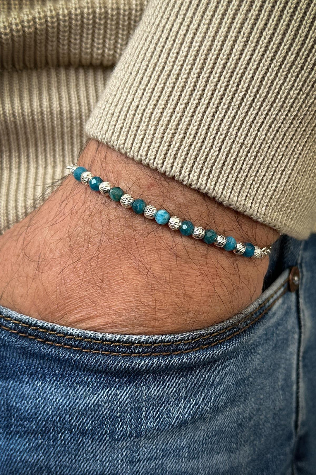 NVM FRNCH 925 Sterling Silver and Apatite Natural Stone Blue Color Men's Bracelet FRJ11990-2090-M2 - Lloret de Mar