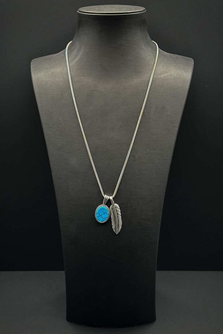 NVM FRNCH 925 Sterling Silver and Turquoise Natural Stone Feather Figured Men's Necklace FRJ30684-784-M - Ashford