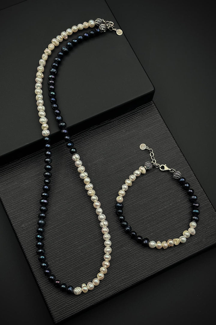 NVM FRNCH 925 Sterling Silver and Pearl Stone Navy-White Color Men's Bracelet/Necklace Set FRJ12403-3403-LA - Pearl City