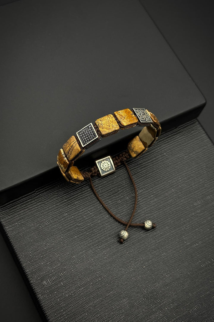 NVM FRNCH 925 Sterling Silver and Jasper Natural Stone Zircon Piece Brown Color Men's Bracelet FRJ12333-3333-K2 - Newton