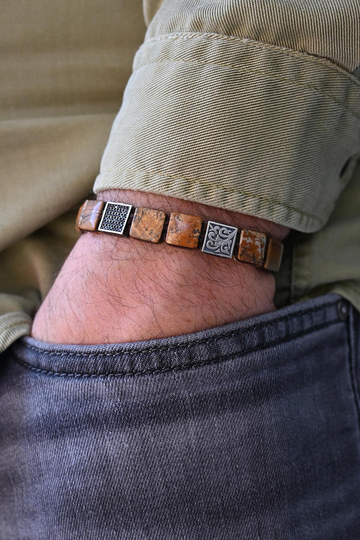 NVM FRNCH 925 Sterling Silver and Jasper Natural Stone Zircon Piece Brown Color Men's Bracelet FRJ12333-3333-K2 - Newton
