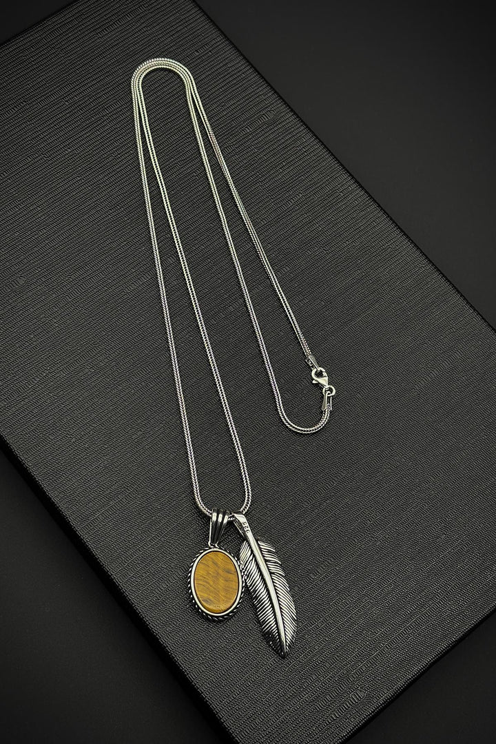 NVM FRNCH 925 Sterling Silver and Tiger Eye Natural Stone Feather Figured Men's Necklace FRJ30684-784-K - Terrebonne