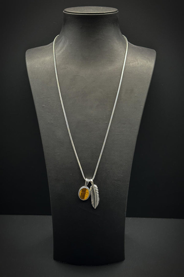 NVM FRNCH 925 Sterling Silver and Tiger Eye Natural Stone Feather Figured Men's Necklace FRJ30684-784-K - Terrebonne