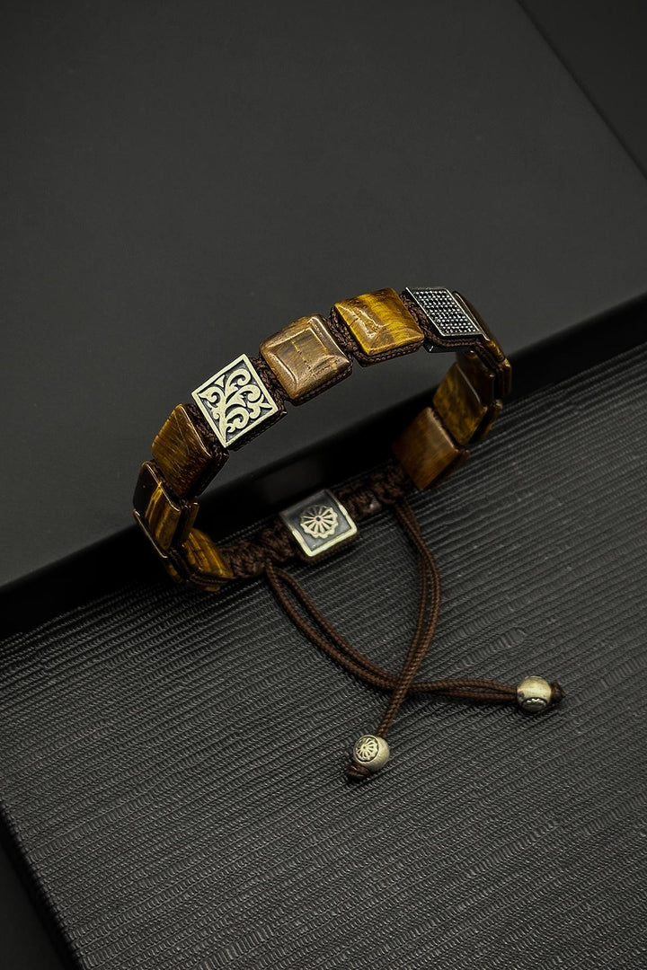 NVM FRNCH 925 Sterling Silver and Tiger Eye Natural Stone Zircon Piece Brown Men's Bracelet FRJ12333-3333-K - Highland