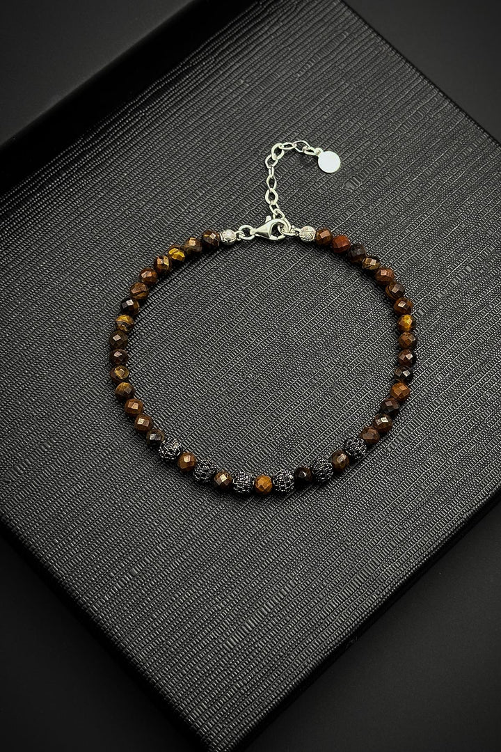 NVM FRNCH 925 Sterling Silver and Tiger Eye Natural Stone with Zircon Pieces Brown Color Men's Bracelet FRJ12421-3421-K - Milton