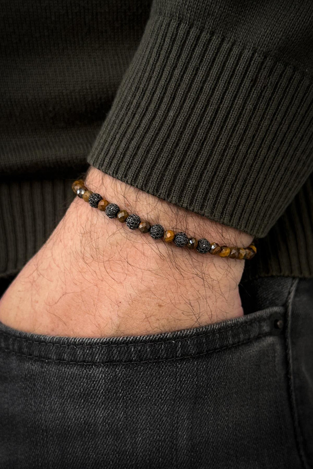 NVM FRNCH 925 Sterling Silver and Tiger Eye Natural Stone with Zircon Pieces Brown Color Men's Bracelet FRJ12421-3421-K - Milton